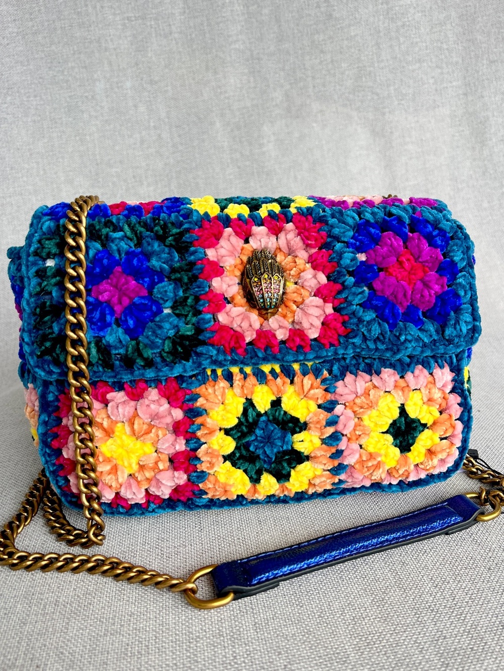 Kurt Geiger Boho Chenille Crochet Patchwork crossbody bag teal, pink yellow blue